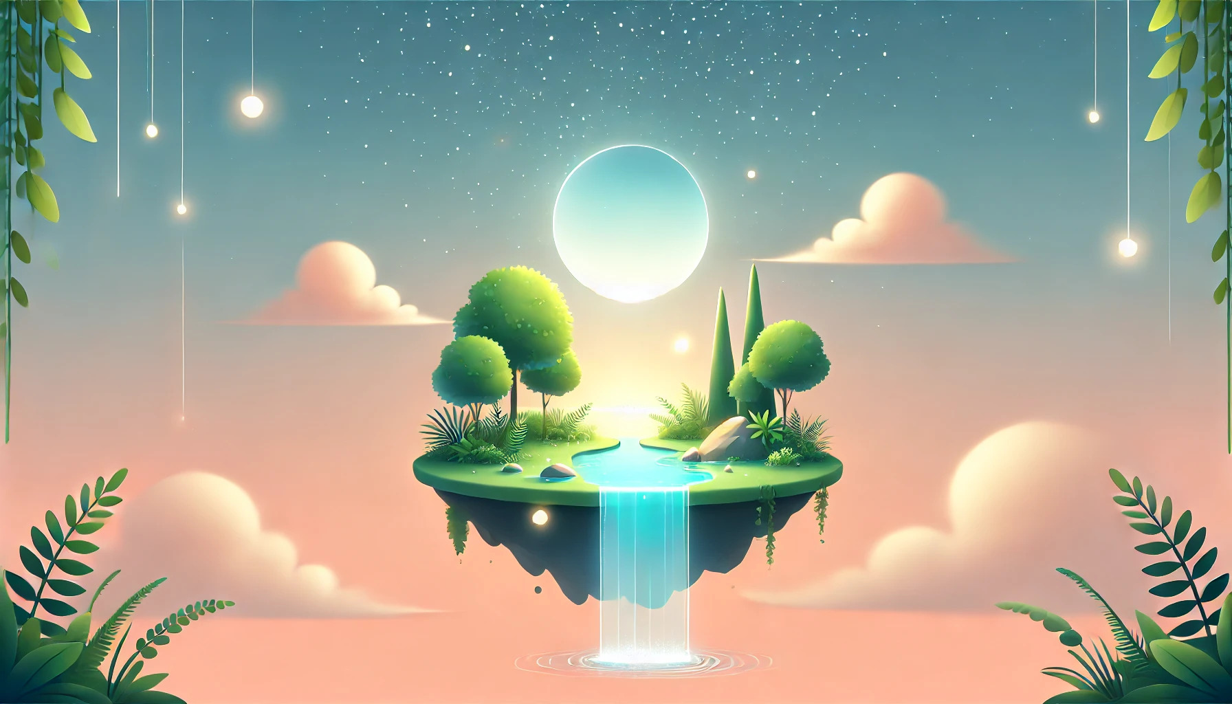 DALL·E 2024 07 14 23.52.00   A minimalist fantasy scene featuring a serene floating island with a small glowing waterfall and lush greenery. The background includes a gentle gradi